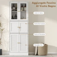 HOMCOM Mobile Bagno con 3 Armadietti a 2 Ante in Vetro e Legno, Ripiani Regolabili, 60x30x170 cm, Bianco(m-6)