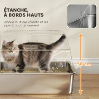 PawHut Bac à litière fermé maison de toilette pour chat acier inoxydable couvercle marche anti-dispersion 60x40x38cm gris foncé(m-5)