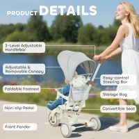 AIYAPLAY 5 in 1 Kids Trike with Adjustable Backrest, Toddler Tricycle with Push Handlebar, Adjustable Backrest, Cream White(m-9)