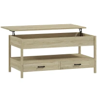 HOMCOM Lift-top Coffee Table, Coffee Table with Drawers and Hidden Compartment for Living Room, Home Office, Oak(m-1)