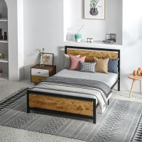 HOMCOM Cadru Pat de o persoana din Lemn si Otel cu Sipci in Stil Industrial, 140x200cm, Negru / Maro Rustic(m-8)