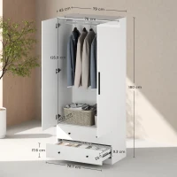 HOMCOM Wardrobe, 2 doors, hanging area, clothes rail, 2 drawers, particleboard, white(m-3)