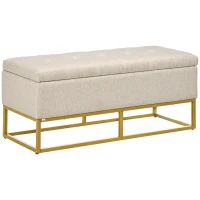 HOMCOM Storage bench chest 2-in-1 button-tufted seat and steel legs 110 x 44 x 48 cm beige and gold(m-1)