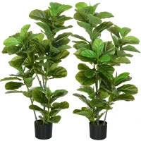 HOMCOM Set of 2 Artificial Fiddle Leaf Fig Plants with Pot Included 110 cm Tall Green(m-7)