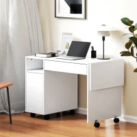 HOMCOM Rolling computer desk, foldable desk with cabinet and drawer, particleboard, White(m-5)