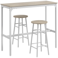 HOMCOM High bar table set + 2 stools, steel frame, natural wood-effect top, 2-person, white