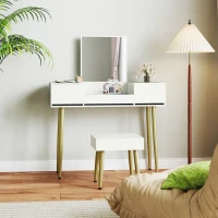 HOMCOM Vanity with mirror and stool with 3 drawers and metal legs, tempered glass top, white(m-5)