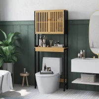 HOMCOM Étagère de toilettes meuble de salle de bain dessus toilette WC avec placard 2 portes et étagère ouverte bambou(m-10)