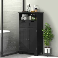 kleankin Low Bathroom Cabinet Multi-Storage Large Compartment 2 Drawers Double Door Cupboard with Shelf Black(m-2)