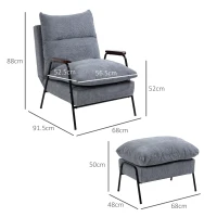 HOMCOM Armchair with Ottoman Upholstered Recliner, incl. Cushion, 68 cm x 91,5 cm x 88 cm, Light Gray(m-3)
