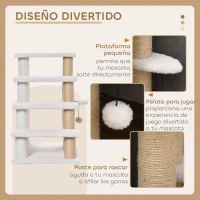 PawHut Escalera para Gatos de 4 Niveles Cubierto de Suave Felpa Poste de Yute Bola Colgante 60x40x64 cm Blanco(m-5)