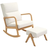HOMCOM Rocking chair with ottoman, soft padding, linen-look, wooden frame, Cream White(m-7)