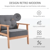 HOMCOM Fotoliu Vintage Stil Scandinav Moale și Confortabil Capitonat cu Butoni, 64,5x70x74 cm, Gri(m-4)