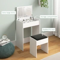 HOMCOM Dressing Table with Mirror and Stool, Vanity Makeup Table with Flip Up Mirror, Vanity Desk with Storage Unit and Padded Seat, White(m-6)