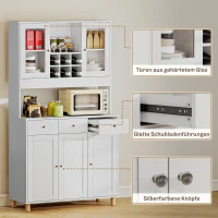 HOMCOM 180 cm Küchenschrank, 2 Glastüren, 3 Schubladen, 4 verstellbare Regale, Esszimmerschrank, Spanplatte, Weiß(m-7)