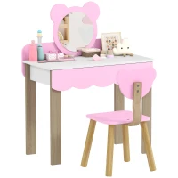 AIYAPLAY Children's Styling Table Set with Stool, Makeup Mirror, Bear Shape, Drawer, MDF, Pink(m-5)