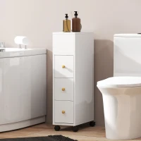 HOMCOM Mobiletto Bagno Salvaspazio con Ruote, 3 Cassetti e 5 Vani con Ripiani Regolabili, 20x40x80 cm, Bianco(m-9)