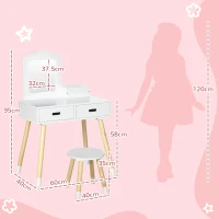 ZONEKIZ Kids Vanity Makeup Table with Stool, Mirror and 2 Drawers 3 to 6 Years 60 x 40 x 95 cm White and Wood(m-3)