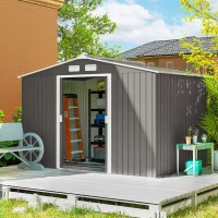 Outsunny 9 x 6FT Outdoor Garden Roofed Metal Storage Shed Tool Box with Foundation Ventilation & Doors Light, Grey(m-2)