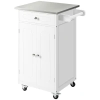 HOMCOM Kitchen trolley serving cart on wheels multi-storage 1 drawer 2-door cabinet with shelf towel holder MDF white stainless steel(m-5)