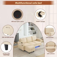 3-seater L-Shaped Sofa Bed with Reversible Chaise, USB and Type-C Charging, Convertible Sleeper for Living Room, 180L x 120W x 72H cm, Beige(m-4)