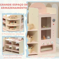 AIYAPLAY Supermercado de Brinquedo em Madeira Loja com Caixa Registadora Máquina de Venda Automática 3 Prateleiras Abertas 4 Compartimentos 90,7x60x73,8 cm Rosa(m-7)