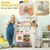 AIYAPLAY Cozinha de Brincar em Madeira com Som Acessórios em Aço Inoxidável Micro-Ondas Forno Lava-Loiças Legumes para Cortar 55x24x96 cm Rosa(m-4)