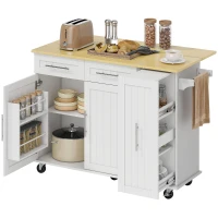 HOMCOM Isla de cocina móvil, superficie extensible, puertas de armario, cajones, toallero, carro de cocina de MDF, Blanco(m-6)