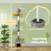PawHut Arbre à chat, hauteur 275 cm, 6 niveaux pour chat d'intérieur, du sol au plafond, avec plate-formes, niche, gris clair(m-4)