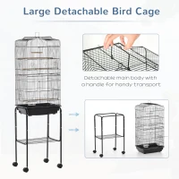 PawHut Bird Cage for Finch Budgie Cage with Stand Wheels, Slide-out Tray, Accessories, Storage Shelf, Black 46.5 x 36 x 157 cm(m-4)