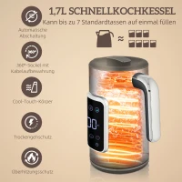 HOMCOM Wasserkocher und Toaster-Set mit LED-Touchscreen, 1,7 L, 2 Toasterschlitze, verschiedene Modi und Funktionen, Schwarz(m-4)