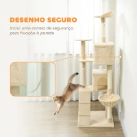 PawHut Arranhador para Gatos com Múltiplas Plataformas Cama 2 Cavernas Rede Escada Postes de Sisal 56x56x180 cm Bege(m-6)