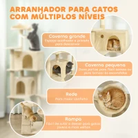 PawHut Arranhador para Gatos com Múltiplas Plataformas Cama 2 Cavernas Rede Escada Postes de Sisal 48x48x160 cm Bege(m-4)