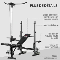 HOMCOM Banc de musculation complet multifonction avec dossier réglable, banc developper coucher à plat ou incliné 180x134x200cm(m-8)