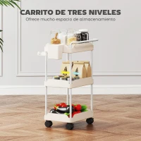 HOMCOM Carrito Auxiliar con Ruedas de 3 Niveles Carrito de Cocina con Cestas Extraíbles y Soporte para Toallas Blanco(m-4)
