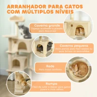PawHut Arranhador para Gatos com Múltiplas Plataformas Cama 2 Cavernas Rede Escada Postes de Sisal 48x48x140 cm Bege(m-4)