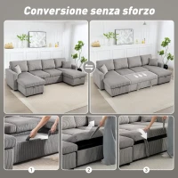 HOMCOM Divano Letto Moderno a U con 2 Chaise Longue e Vani Contenitore, Velluto a Coste, 282x140x86 cm, Grigio(m-4)