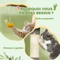 PawHut Arbre à chat, hauteur 275 cm, 6 niveaux pour chat d'intérieur, du sol au plafond, avec plate-formes, niche, gris clair(m-8)
