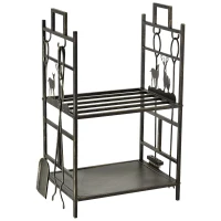 Outsunny Soporte para Leña de Metal con 4 Herramientas y Asas para Interior y Exterior 51,5x33x77 cm Negro Dorado(m-1)