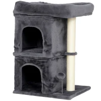 PawHut Arranhador para Gatos com Cama 2 Cavernas Poste de Sisal e Bola para Brincar 45x40x66 cm Cinzento Escuro(m-1)