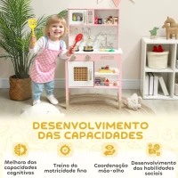 AIYAPLAY Cozinha de Brincar em Madeira com Som Acessórios em Aço Inoxidável Micro-Ondas Forno Lava-Loiças Legumes para Cortar 55x24x96 cm Rosa(m-8)