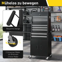 HOMCOM 3-in-1 Werkzeugkiste, Werkzeugschrank mit 4 Rädern, verschließbarer Werkzeugkasten mit 9 Schubladen, Stahl, Schwarz(m-6)