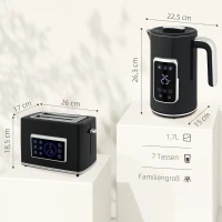 HOMCOM Wasserkocher und Toaster-Set mit LED-Touchscreen, 1,7 L, 2 Toasterschlitze, verschiedene Modi und Funktionen, Schwarz(m-3)
