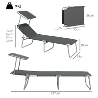 Outsunny Outdoor Foldable Sun Lounger Set of 2, 4 Level Adjustable Backrest Reclining Sun Lounger Chair with Angle Adjust Sun Shade Awning for Beach, Garden, Patio, Grey(m-3)
