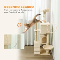 PawHut Arranhador para Gatos com Múltiplas Plataformas Cama 2 Cavernas Rede Escada Postes de Sisal 48x48x140 cm Bege(m-6)