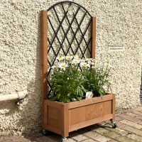 Outsunny 2er Set Hochbeet Pflanzkasten mit Rolle, Rankgitter, Spalier Pflanzkübel Blumenkasten Holz 52x25x97cm Braun(m-8)