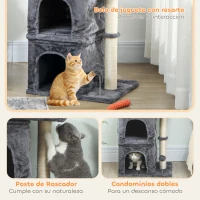 PawHut Árbol Rascador para Gatos Árbol para Gatos 66 cm con Cama 2 Cuevas Poste de Sisal Bola para Jugar Gris Oscuro(m-5)