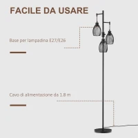 HOMCOM Lampada da Terra Industriale con 3 Paralumi e Intensità Regolabile, in Acciaio, 30x30x170.5 cm, Nero(m-6)