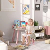 AIYAPLAY Set masă și scaun pentru copii, masă pentru copii cu scaun și suport pentru cărți, modele ursuleț, pentru copii 3-8 ani, roz(m-2)