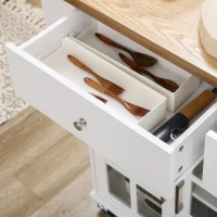HOMCOM Cărucior de bucătărie cu roți Insulă de bucătărie cu 2 sertare 3 uși din sticlă securizată suport prosop 124,5x39,5x90 cm Alb(m-5)